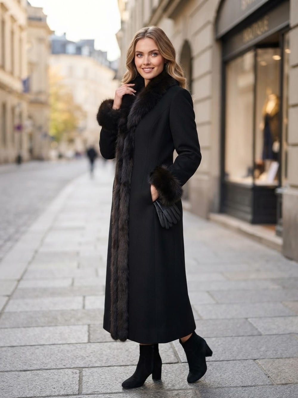 Marvin Richards Black Wool Cashmere Genuine Fox Fur Trim Long Winter Coat Sz 8